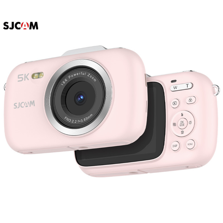 SJCAM digitalni fotoaparat v rožnati barvi, prikazan s sprednje in zadnje strani z 5K snemalno ločljivostjo, velikim zaslonom in 18-kratnim digitalnim zoomom.