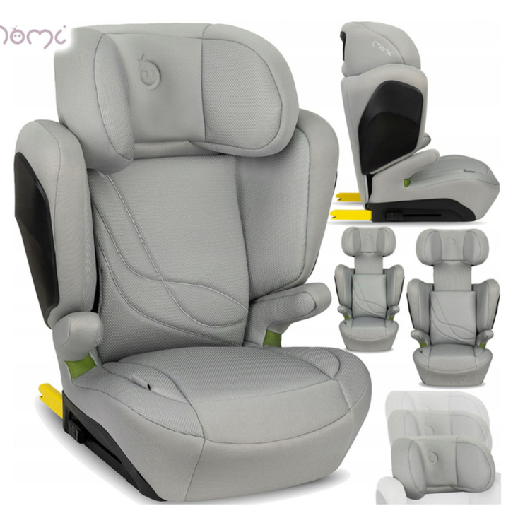 MoMi avtosedež v svetlo sivi barvi, prikazan v več pogledih z nastavljivim vzglavnikom, bočnimi zaščitami in ISOFIX-pritrditvijo.