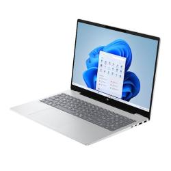 HP OmniBook 7 AI 16, prikazan pod kotom z odprtim zaslonom Windows 11, veliko tipkovnico in tankimi robovi zaslona.
