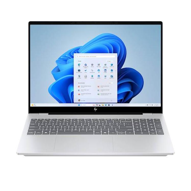 Sprednji pogled na HP OmniBook 7 AI 16 z ozkimi robovi zaslona in prostorno sledilno ploščico.