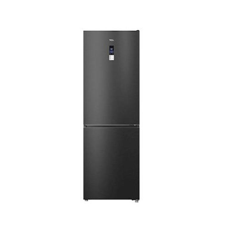 TCL kombinirani hladilnik RP312BBE0 Total No Frost v črni barvi z zamrzovalnikom spodaj, digitalnim zaslonom na vratih in elegantnim minimalističnim dizajnom.