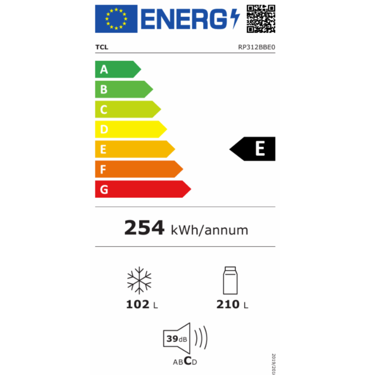 Energijska nalepka za TCL RP312BBE0 Total No Frost z energijskim razredom E, letno porabo 254 kWh, prostornino 210 L (hladilnik) in 102 L (zamrzovalnik) ter glasnostjo 39 dB