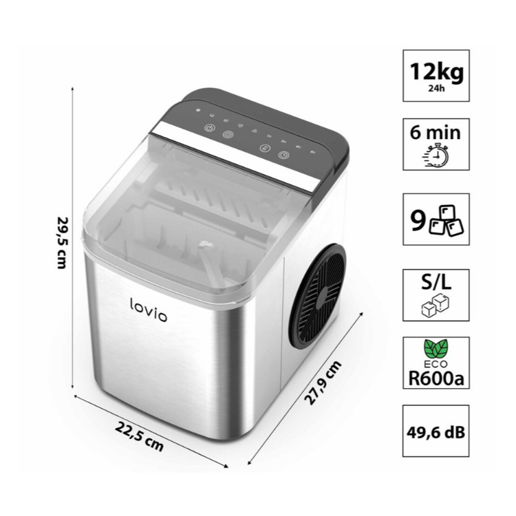 Namizni ledomat z označenimi dimenzijami in prikazanimi tehničnimi podatki