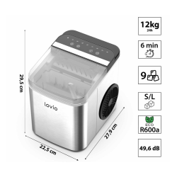 Namizni ledomat z označenimi dimenzijami in prikazanimi tehničnimi podatki