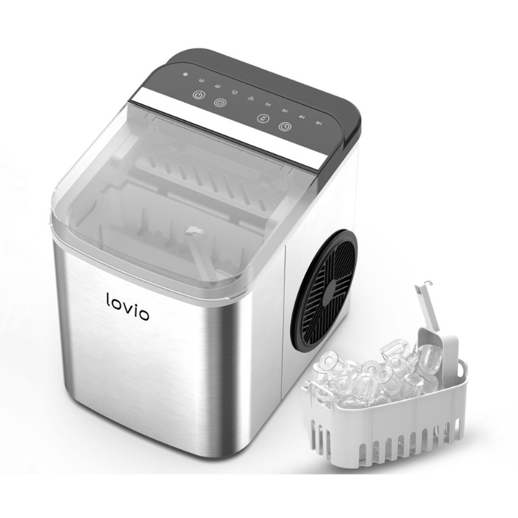 Namizni ledomat iz nerjavečega jekla s prozornim pokrovom in košarico za led