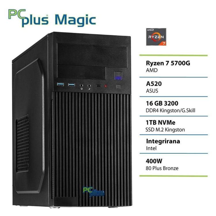 Namizni računalnik PC Plus Magic v črnem ohišju, opremljen s procesorjem AMD Ryzen 7 5700G, 16 GB pomnilnika, 1 TB NVMe SSD in integrirano grafiko.