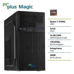Namizni računalnik PC Plus Magic v črnem ohišju, opremljen s procesorjem AMD Ryzen 7 5700G, 16 GB pomnilnika, 1 TB NVMe SSD in integrirano grafiko.