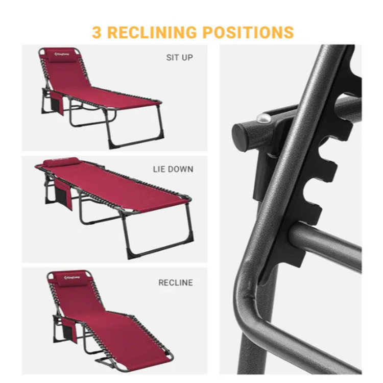 Tri nastavitve naklona ležalnega kamping stola KingCamp, prikaz sedenja, ležanja in vmesnega položaja.