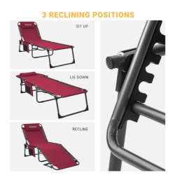 Tri nastavitve naklona ležalnega kamping stola KingCamp, prikaz sedenja, ležanja in vmesnega položaja.