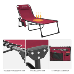 Detajli kamping ležalnika KingCamp z dvojnim elastičnim sistemom, stabilnim okvirjem in shranjevalnim žepom.