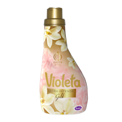 Zlatorožnata plastenka mehčalca z zlatim pokrovom, cvetje, napis »Violeta Ultra Intense Gold«.