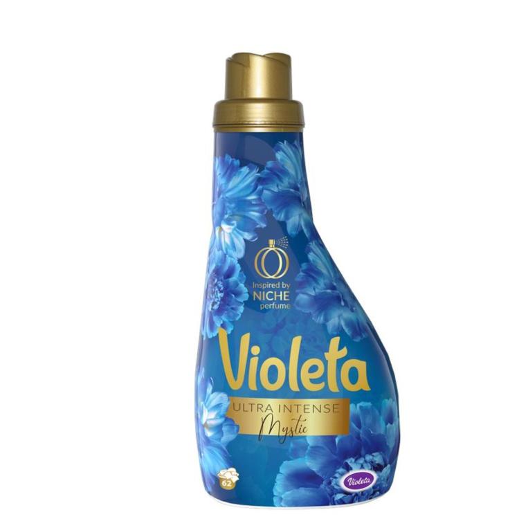 Modra plastenka mehčalca Violeta Ultra Intense Mystic z zlatim pokrovom in motivom modrih cvetov.