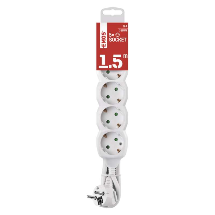 Podaljšek Emos 1,5 m / 5 vtičnic / beli / PVC / 1,5 mm2