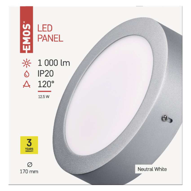 Nadometni LED panel Emos, okrogel, srebrn, 12,5W, nevtralno bela