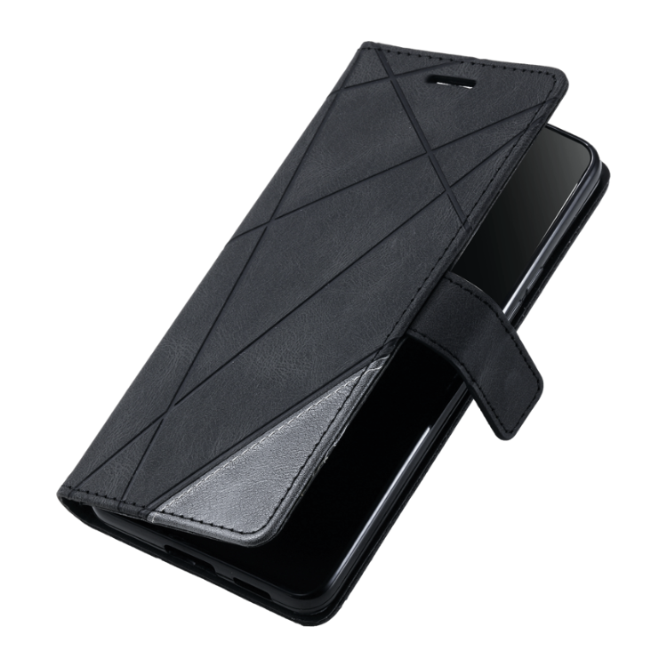 Črna preklopna torbica WLGO Lines za Samsung Galaxy S26 FE z geometrijskim vzorcem, magnetnim zapiranjem in zaščito celotnega telefona.