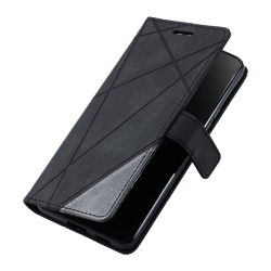 Črna preklopna torbica WLGO Lines za Samsung Galaxy S26 FE z geometrijskim vzorcem, magnetnim zapiranjem in zaščito celotnega telefona.