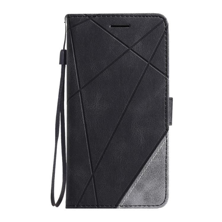 Črna preklopna torbica WLGO Lines za Samsung Galaxy S26 FE z vrvico za nošenje, magnetnim zapiranjem in elegantnim geometrijskim dizajnom.