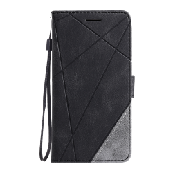 Črna preklopna torbica WLGO Lines za Samsung Galaxy S26 FE z vrvico za nošenje, magnetnim zapiranjem in elegantnim geometrijskim dizajnom.