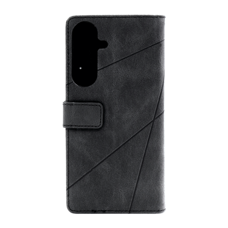 Zadnja stran črne preklopne torbice WLGO Lines za Samsung Galaxy S26 FE z geometrijskim vzorcem in magnetnim zapiranjem.