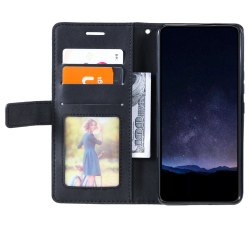 Črna preklopna torbica WLGO Lines za Samsung Galaxy S26 FE z režami za kartice, prostorom za bankovce in prozornim žepom za fotografijo.
