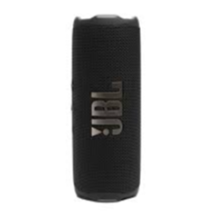Pokončno postavljen JBL Bluetooth zvočnik črne barve z izrazitim logotipom JBL na mrežici.