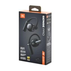 Embalaža JBL Sense Pro prikazuje črne odprto‑ušesne športne slušalke z nastavljivim kaveljčkom.