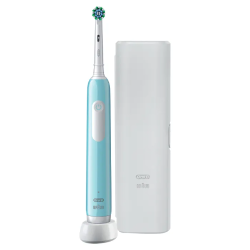 Električna zobna ščetka Oral‑B Pro Series (Braun) z modro-belim ročajem ter priloženim polnilnim etuijem.