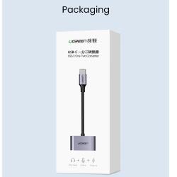 USB-C razdelilnik UGREEN v maloprodajni embalaži za polnjenje, klice in poslušanje glasbe.