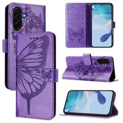 Ovitek tipa denarnica za pametni telefon Samsung Galaxy A57 5G z motivom metulja v vijolični barvi.