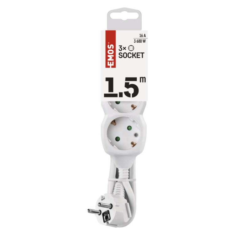 Podaljšek Emos 1,5 m / 3 vtičnice / beli / PVC / 1 mm2