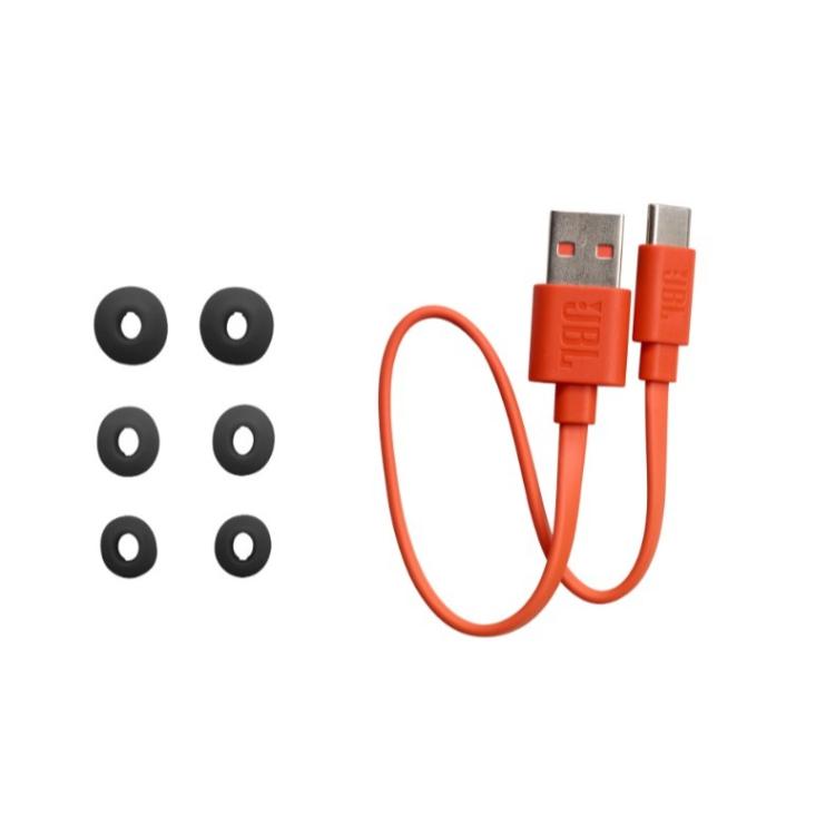 JBL brezžične slušalke z 3 pari silikonskih nastavkov in USB-C polnilnim kablom.