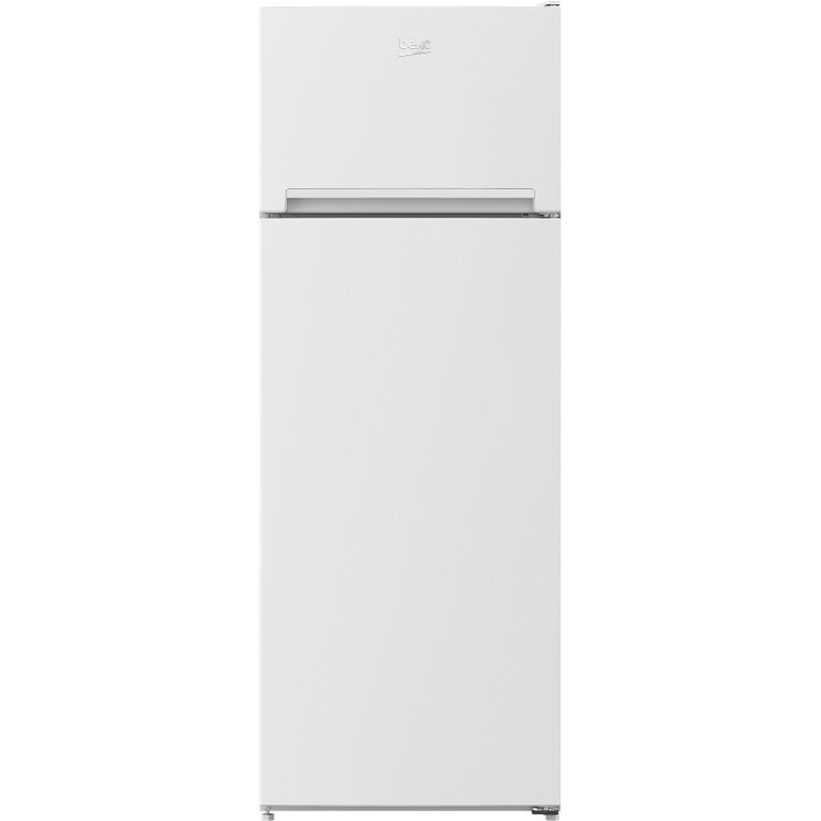 Beko kombinirani hladilnik v beli barvi z zamrzovalnikom zgoraj, minimalističnim dizajnom in vgrajenima ročajema za odpiranje vrat.