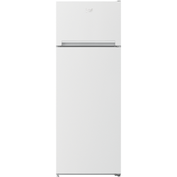 Beko kombinirani hladilnik v beli barvi z zamrzovalnikom zgoraj, minimalističnim dizajnom in vgrajenima ročajema za odpiranje vrat.