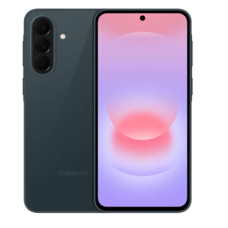 Sprednji in zadnji pogled na telefon Samsung Galaxy v sivo zeleni barvi.