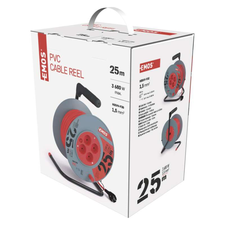 Kolutni podaljšek Emos 25 m / 4 vtičnice / oranžni / PVC / 230 V / 1,5 mm2