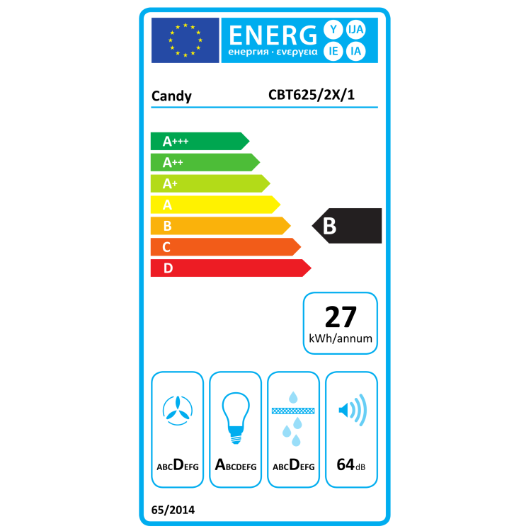 Energijska nalepka za kuhinjsko napo Candy CBT625/2X/1 z energijskim razredom B, letno porabo 27 kWh, razredom učinkovitosti ventilatorja D, osvetlitve A, filtracije maščob D in glasnostjo 64 dB.