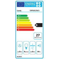Energijska nalepka za kuhinjsko napo Candy CBT625/2X/1 z energijskim razredom B, letno porabo 27 kWh, razredom učinkovitosti ventilatorja D, osvetlitve A, filtracije maščob D in glasnostjo 64 dB.