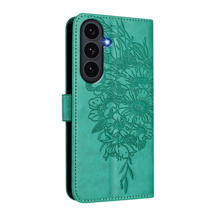 Turkizna preklopna torbica WLGO Butterfly za Samsung Galaxy S26 FE z reliefnim cvetličnim vzorcem, magnetnim zapiranjem in zaščito kamer.