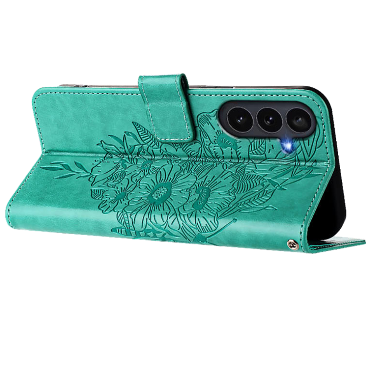 Turkizna preklopna torbica WLGO Butterfly za Samsung Galaxy S26 FE v položaju stojala za udobno gledanje videoposnetkov.