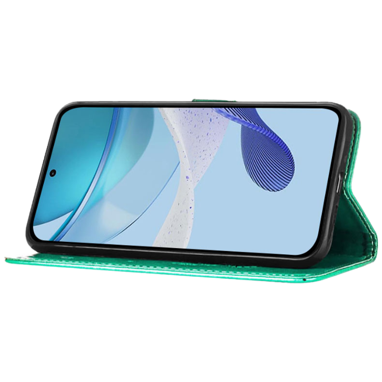 Turkizna preklopna torbica WLGO Butterfly za Samsung Galaxy S26 FE z reliefnim cvetličnim vzorcem in magnetnim zapiranjem.