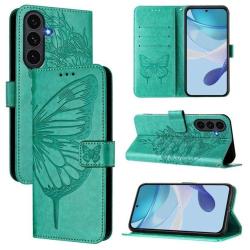 Turkizna preklopna torbica WLGO Butterfly za Samsung Galaxy S26 FE z režami za kartice in motivom metulja na notranji strani.