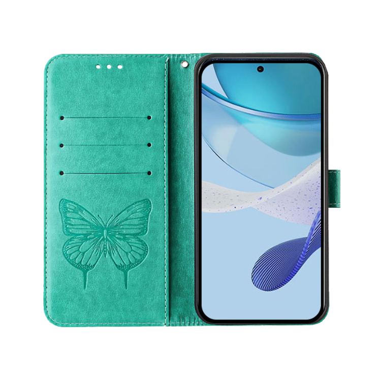 Turkizna preklopna torbica WLGO Butterfly za Samsung Galaxy S26 FE z režami za kartice in motivom metulja na notranji strani.