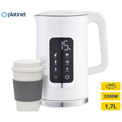 Platinet digitalni grelnik vode v beli barvi, prikazan z digitalnim zaslonom, prostornino 1,7 L, močjo 2200 W in 360° vrtljivim podstavkom.