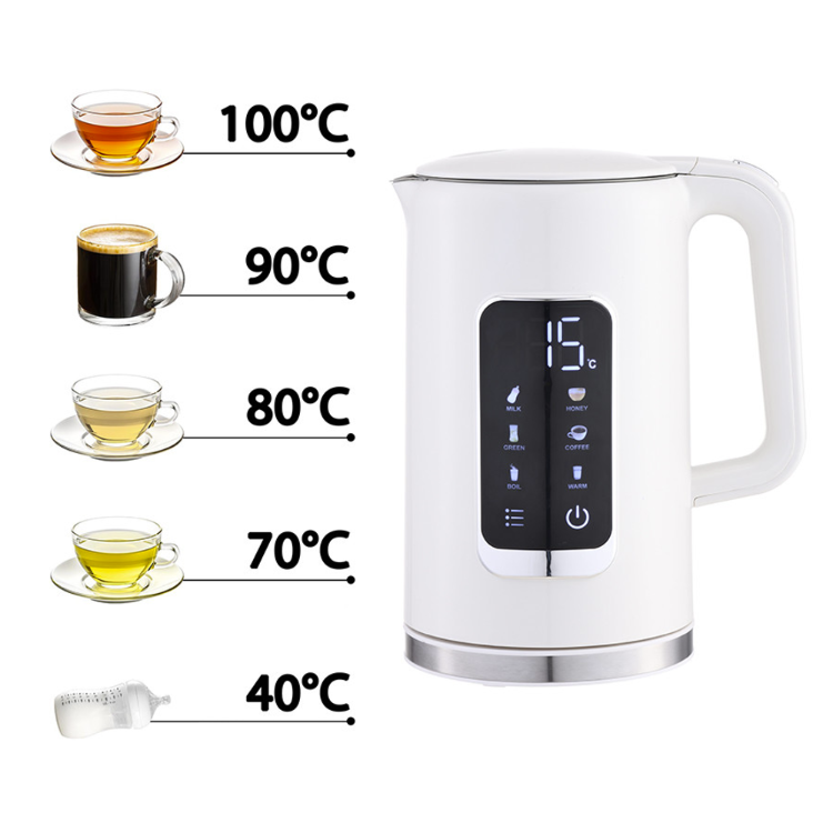 Platinet digitalni grelnik vode v beli barvi, prikazan z nastavljivimi temperaturami 40 °C, 70 °C, 80 °C, 90 °C in 100 °C za pripravo različnih napitkov.