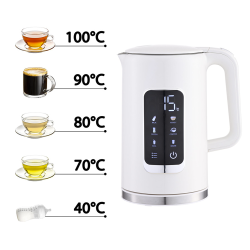 Platinet digitalni grelnik vode v beli barvi, prikazan z nastavljivimi temperaturami 40 °C, 70 °C, 80 °C, 90 °C in 100 °C za pripravo različnih napitkov.