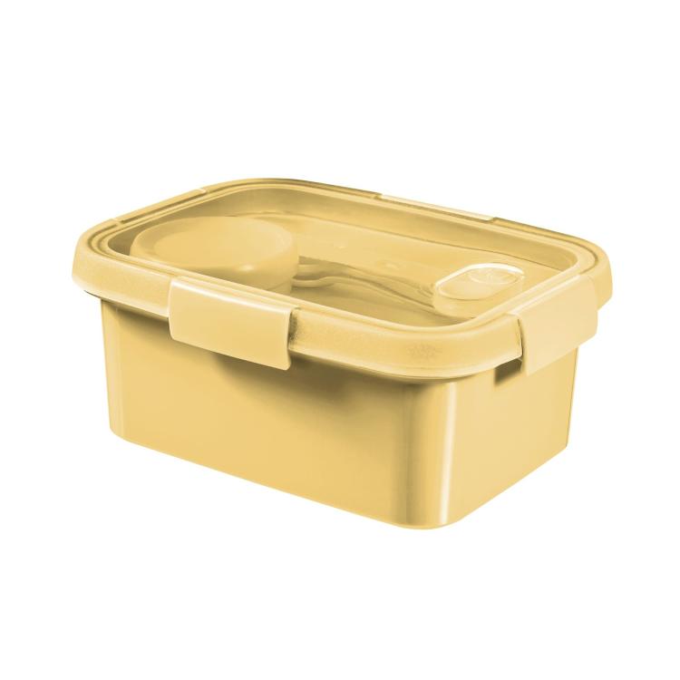 Posodica za malico Lunch To Go 1,2 l v svetlo modri barvi s tesnilnim pokrovom, zapirali in priloženim jedilnim priborom.