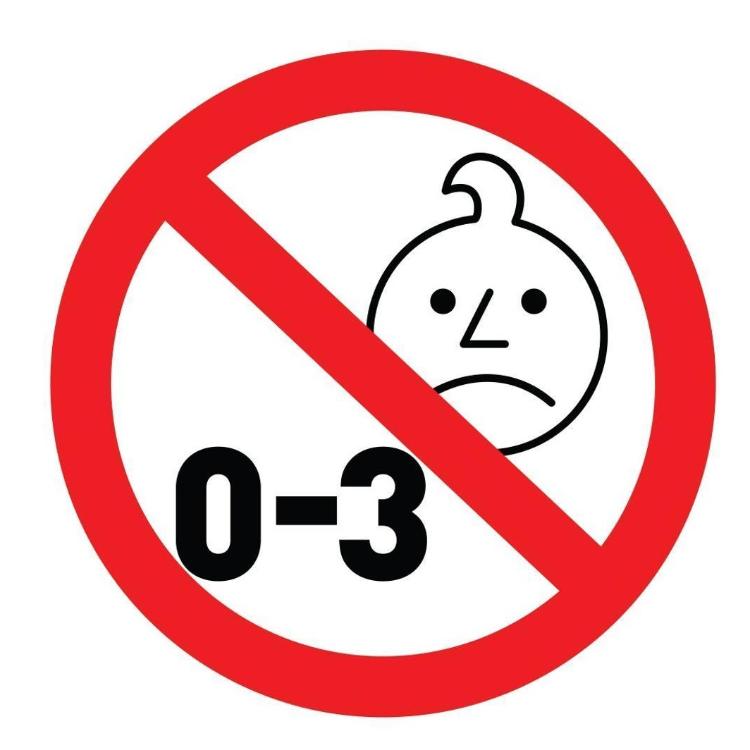 Opozorilni simbol prepovedi za otroke od 0 do 3 let zaradi majhnih delov.