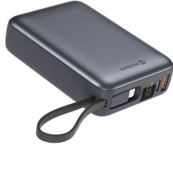 Prenosna baterija Swissten Power Bank s kapaciteto 20.000 mAh, vgrajenima USB‑C in Lightning kabloma ter kompaktnim ohišjem omogoča priročno in hitro polnjenje mobilnih naprav kjerkoli.