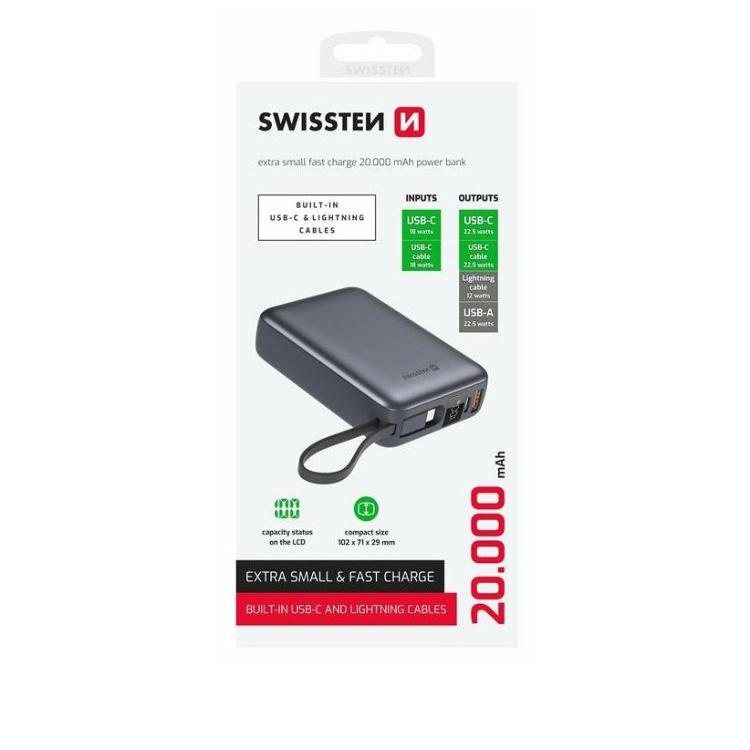 Kompaktna zunanja baterija Swissten 20.000 mAh z vgrajeno zanko za prenašanje, elegantnim temno sivim dizajnom in vgrajenima polnilnima kabloma združuje visoko zmogljivost, praktičnost in mobilnost za vsakodnevno uporabo.