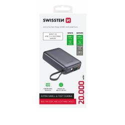 Kompaktna zunanja baterija Swissten 20.000 mAh z vgrajeno zanko za prenašanje, elegantnim temno sivim dizajnom in vgrajenima polnilnima kabloma združuje visoko zmogljivost, praktičnost in mobilnost za vsakodnevno uporabo.